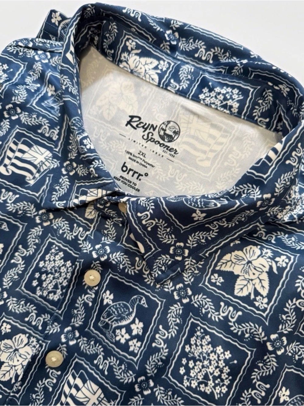 Reyn Spooner Polo Shirt Mens 2XL Blue Floral Limited Issue Tagless Golf Collar